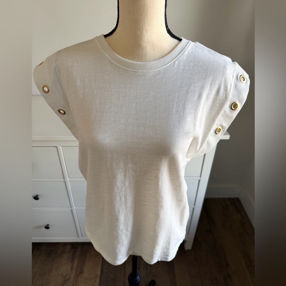 NWT Nation LTD White Muscle Tee with Gold Button Accents